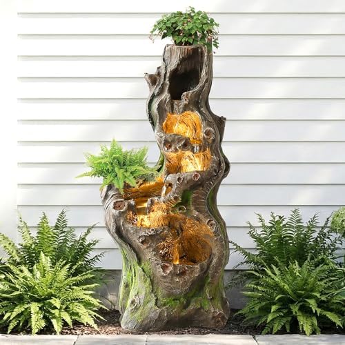 Grepatio Outdoor 6 Tier Cascading Water Fountain, 40" H Water Feature Fountain with 5 LED Lights, Large Outdoor Water Fountain with Realistic Tree Trunk Look for Garden Patio Backyard by Takesyoutohaveawonderfullife