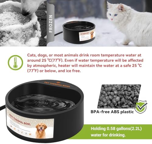 NAMSAN Heated Water Bowl for Outdoor Cats, 2.2L Heated Dog Bowl, Provides Drinkable Water in Winter, Heated Pet Drinker for Chickens Rabbits Birds Bath, Livestock Thermal Watering Trough, Black - Image 4