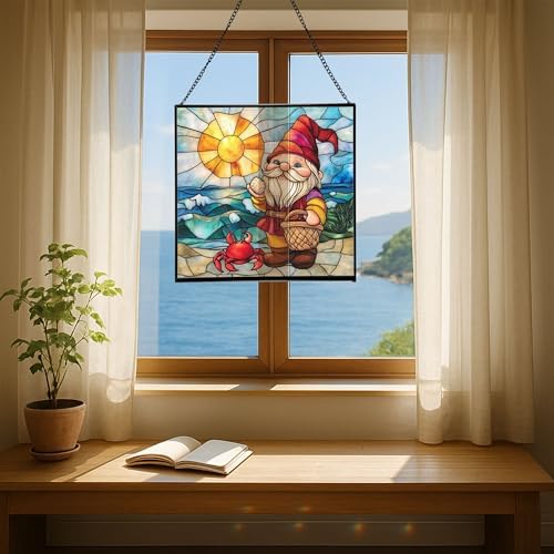 Coastal Gnome Day Stained Glass Suncatcher – Square Hanging Window Panel for Home or Greenhouse – Whimsical Glass Art Gift for Garden Lovers, Christmas, Halloween, Father Days MDrNXL - Image 6