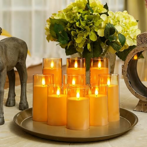 Homemory Amber Flickering Flameless Candles, Battery Operated Acrylic LED Pillar Candles with Remote Control and Timer, Fall Candles, Set of 9 - Image 2
