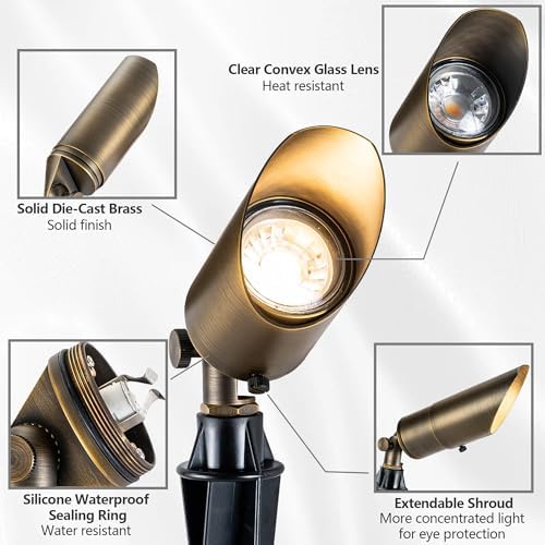 LumStory Brass Landscape Spotlight Low Voltage Landscape Lights 12V AC/DC Bronze Waterproof Shroud Adjustable Outdoor Landscape Lighting for Tree, Wall, Garden, with MR16 LED Bulb 5W 3000K Warm White - Image 4
