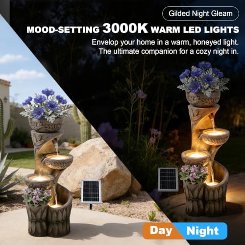 35.5" H Solar Water Fountain Outdoor with LED Lights, 4-Tier Cascading Garden Fountain with Planter Pots, Solar Powered Waterfall for Patio Yard Porch - Image 4