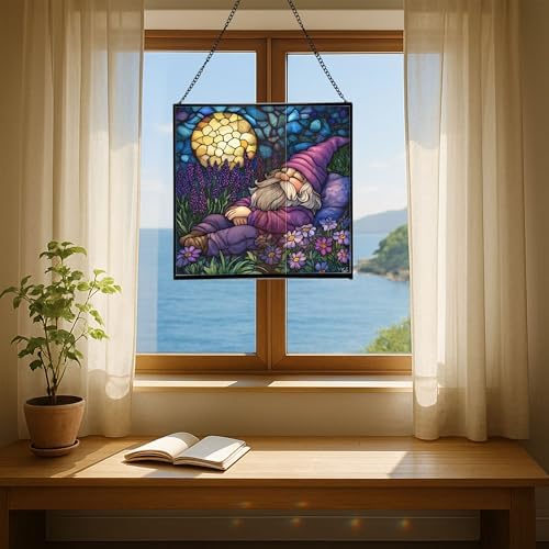 Lavender Rest Gnome Stained Glass Suncatcher – Square Hanging Window Panel for Home or Greenhouse – Whimsical Glass Art Gift for Garden Lovers, Christmas, Halloween, Father Days iDlDMB - Image 6