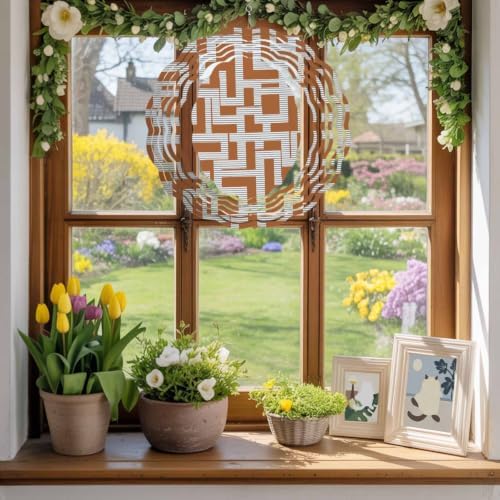 12 Inch Orange Checkered Wind Spinner for Yard and Garden, Geometric Modern Abstract Art Hanging Ornaments Outdoor 3D Kinetic Wind Sculpture Spinners Indoor Outdoor Patio Décor Ornaments Gift - Image 5