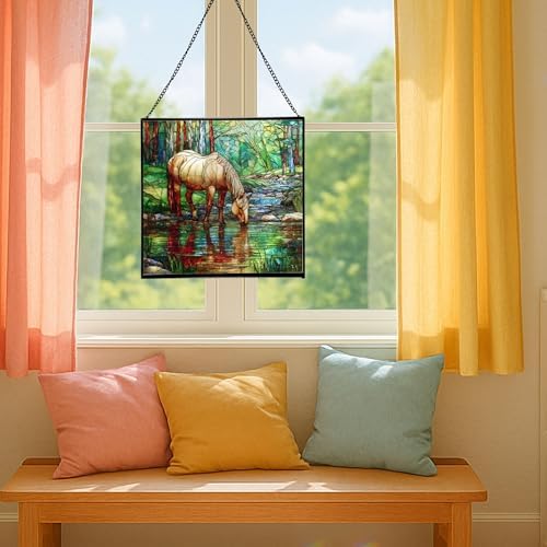 Palomino Rocky Mountain Horse grazing beside shallow stream Square Suncatcher –Stained Glass Style Window Panel with Pastoral Scene, Custom Decorative Hanging Art for Equestrian Home, Christmas Jkv88r - Image 5