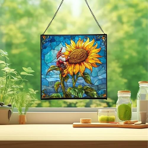 Sunflower Climb Gnome Stained Glass Suncatcher – Square Hanging Window Panel for Home or Greenhouse – Whimsical Glass Art Gift for Garden Lovers, Christmas, Halloween, Father Days PWjhXc - Image 2