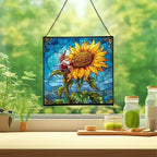 Sunflower Climb Gnome Stained Glass Suncatcher – Square Hanging Window Panel for Home or Greenhouse – Whimsical Glass Art Gift for Garden Lovers, Christmas, Halloween, Father Days PWjhXc - Image 2