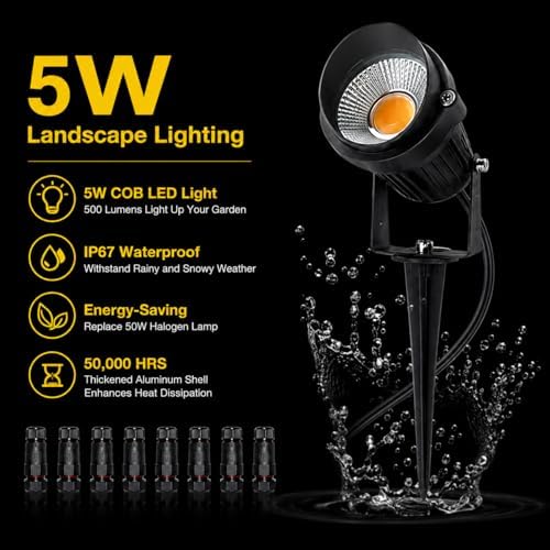 5W Low Voltage LED Landscape Lights,12V/24V AC/DC Landscape Lighting,Outdoor Lawn Tree Flag Spotlights with Spike Stand,IP65 Waterproof Garden Pathway Lights (8 Pack Warm White with Connector) - Image 2