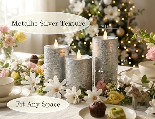 Shiny Metallic Silver Flameless Pillar Candles, Patented 3D Realistic Moving Flickering Flame with Remote Timer, Battery Operated 400hrs for Wedding, Holiday, Party, Decor, Gift(Set of 3) - Image 5