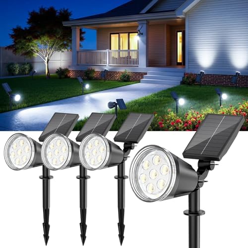 Solar Spot Lights Outdoor, 1000LM Big Adjustable Solar Lights Outdoor Waterproof, 2-in-1 Solar Powered Spotlights Landscape Lighting for Garden, Yard, Pathway, Tree, Flag (4P, Cool White) by BONLION