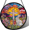 9.84 Inch Cross Flower and Bunny Stained Glass Window Hanging Sun Catcher Glass Panel Suncatcher Indoor Window Wall Art Home Decor Gift for Lovers Women Mother's Day Christmas by Unknown