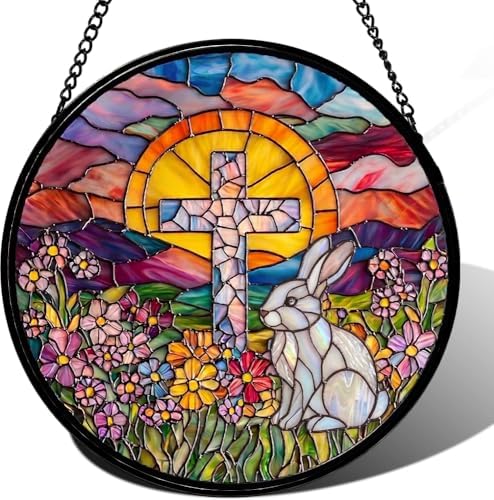 9.84 Inch Cross Flower and Bunny Stained Glass Window Hanging Sun Catcher Glass Panel Suncatcher Indoor Window Wall Art Home Decor Gift for Lovers Women Mother's Day Christmas by Unknown