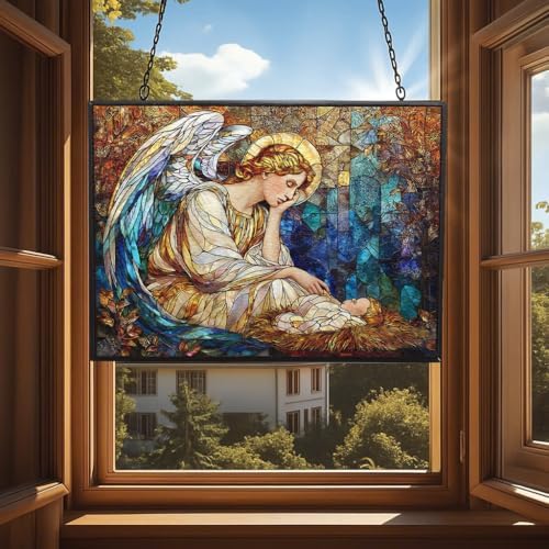 Personalized Rectangle Religious Christmas Angel with Manger Star Stained Glass Suncatcher Stained Glass Window Hanging Home Decor Garden Halloween Christmas Wedding Housewarming Gifts - Image 4