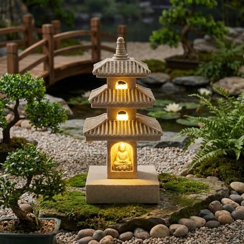 Pagoda Garden Statue, 10 Inch Weatherproof Solar Garden Decor, LED Light Zen Japanese Lantern for Backyard Balcony Patio Lawn Yard, Khaki, Ornaments de Jardin by Unknown