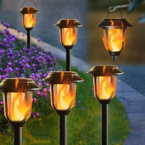 Dynaming Dual Use Solar Flame Lights Outdoor 6 Pack, Solar Flickering Flame Pathway Lights, Hanging Lantern Light, Auto On/Off & Waterproof for Garden Lawn Patio Yard Walkway Deck Driveway by Dynaming