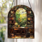 Cozy Library Window Acrylic Suncatcher 12 Inches, Fall Decoration Indoor Outdoor, Bedroom Porch Decor, Stained Glass Effect Window Hanging, Reading Room Ornament, Book Lover Gift for Her by XISZYS