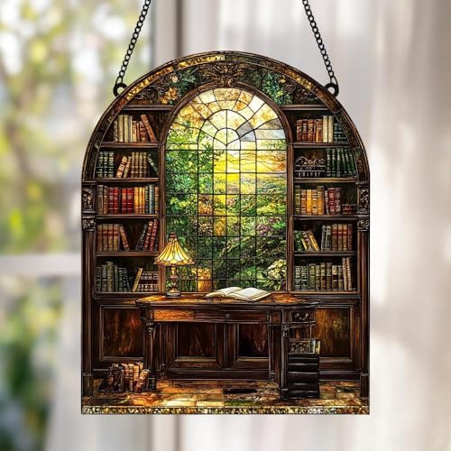 Cozy Library Window Acrylic Suncatcher 12 Inches, Fall Decoration Indoor Outdoor, Bedroom Porch Decor, Stained Glass Effect Window Hanging, Reading Room Ornament, Book Lover Gift for Her by XISZYS