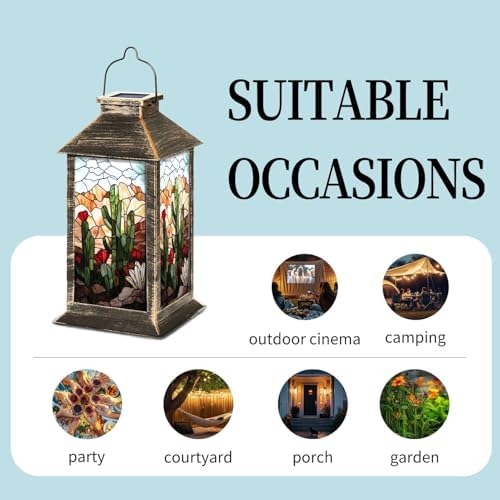Solar Lantern Vivid Stained Glass Western Scene Mountains Outdoor Waterproof Garden Hanging Lantern Solar Powered Lighting Outside Table Lamp for Patio Deck Camping 1 Pack - Image 5