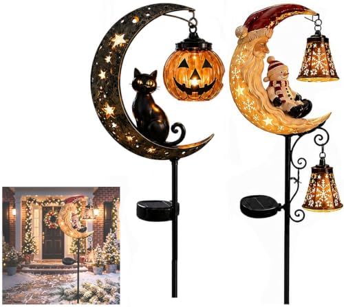 Solar Halloween Black Cat & Pumpkin Moon Garden Stake Light,2-in-1 Waterproof Outdoor LED Yard Decor with Hanging Lantern,Auto Dusk-to-Dawn Lawn Ornament for Pathway,Patio, Walkway (Color-G-2PCS) by HZSprance