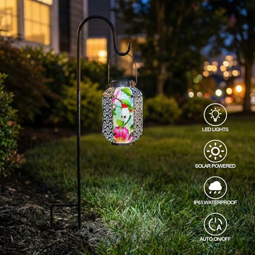 Hummingbird Solar Lantern Outdoor Hanging Lights – Waterproof Metal Garden Decor with Stained Glass, LED Solar Decorative Lamp for Patio, Yard, Porch, Pathway, Gardening Gifts for Mom, Grandma, Women - Image 6