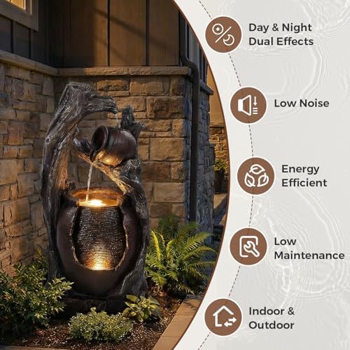 Jocoevol 32" H Outdoor Water Fountain, 2-Tiers Clay Pot Waterfall Fountain - Image 5