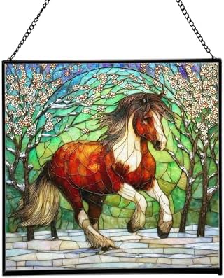 Brown White Icelandic Horse cantering through winter orchard Square Suncatcher–Stained Glass Style Window Panel with Pastoral Scene, Custom Decorative Hanging Art for Equestrian Home, Christmas anTV9F by Custom