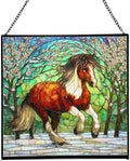 Brown White Icelandic Horse cantering through winter orchard Square Suncatcher–Stained Glass Style Window Panel with Pastoral Scene, Custom Decorative Hanging Art for Equestrian Home, Christmas anTV9F by Custom