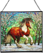 Brown White Icelandic Horse cantering through winter orchard Square Suncatcher–Stained Glass Style Window Panel with Pastoral Scene, Custom Decorative Hanging Art for Equestrian Home, Christmas anTV9F by Custom