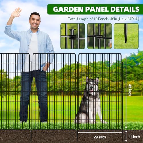 10 Panels Garden Fencing Animal Barrier, 48 in(H) X 24 Ft(L) Dog Fence Outdoor for Yard Rustproof No Dig Decorative Tall Garden Fence Metal Wire Panel Border Rabbit Ground Stakes Fencing - Image 3