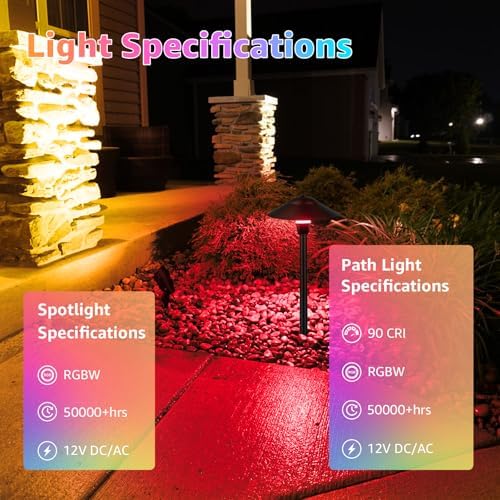 SUNVIE RGBW Landscape Lighting Kit 12V Low Voltage Landscape Lighting with Connectors, Color Changing Low Voltage Pathway Lights Wired with Spotlights Waterproof for Holiday Patio Garden Yard,12 Pack - Image 4