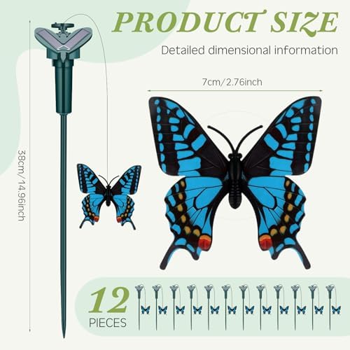 Tujoe 12 Pcs Butterfly Garden Stakes Decorative, Solar Moving Fluttering Butterfly Outdoor Waterproof Flying Butterflies Decor for Yard Pathway Garden Landscape Ornament, Battery Also Powered (Blue) - Image 2
