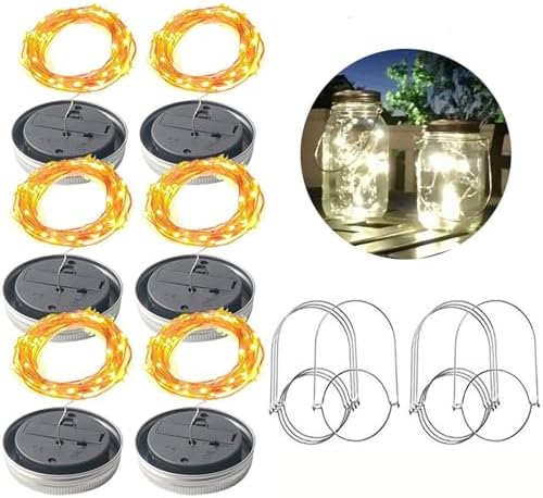 6Pcs/lot Hanging Solar Mason Jar Lid Lights 10 20 LEDs Garden String Lights Outdoor Waterproof Solar Fairy Lights for Patio Lawn (Color : White, Size : 1m 10leds) - Image 2