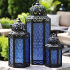 VELA LANTERNS Set of 3 Cobalt Blue Glass & Black Metal Moroccan Candle Lantern Holders (XL, Large, Small) - Decorative Indoor/Outdoor Decor for Patio, Floor, Weddings & Ramadan by VelaCandleLanterns