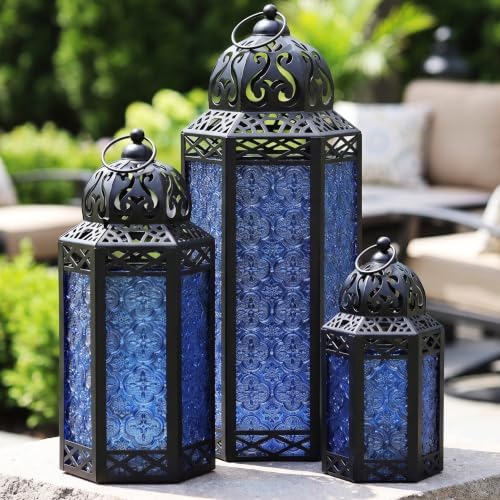 VELA LANTERNS Set of 3 Cobalt Blue Glass & Black Metal Moroccan Candle Lantern Holders (XL, Large, Small) - Decorative Indoor/Outdoor Decor for Patio, Floor, Weddings & Ramadan by VelaCandleLanterns