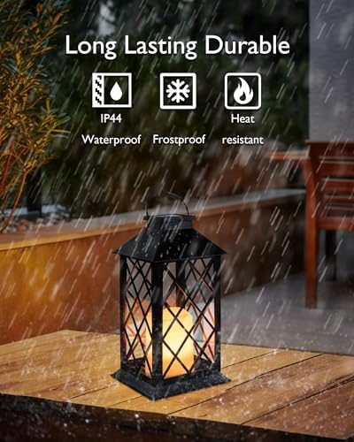 Homemory 2 Pack 13'' Black Solar Lanterns, Flickering Flame Hanging Lights - Image 3