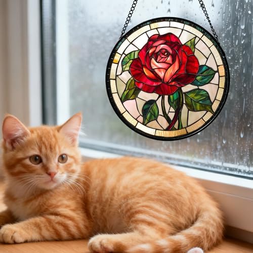 CHATYOUNG Stained Glass Window Hanging Red Rose 9.8" - Suncatcher Door Garden Sun Catcher Decor Birthday Valentine's Day Christmas for Men Woman Boy Kids Mom Nana Grandma - Image 2