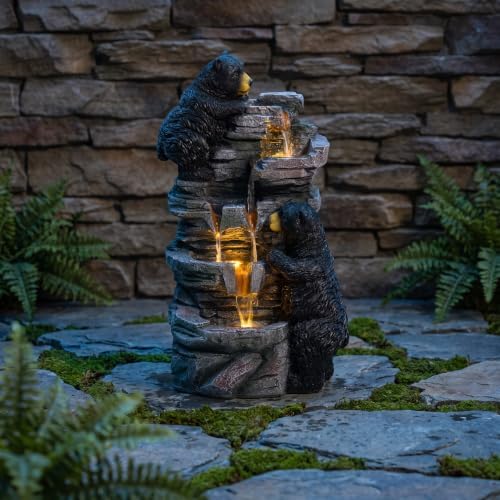 26.38" Bear Waterfall Fountain with LED Lights, Resin Outdoor Water Fountain with Cascading Rock Design, Wildlife Garden Fountain for Patio, Backyard, Porch & Yard, Black and Gray - Image 3