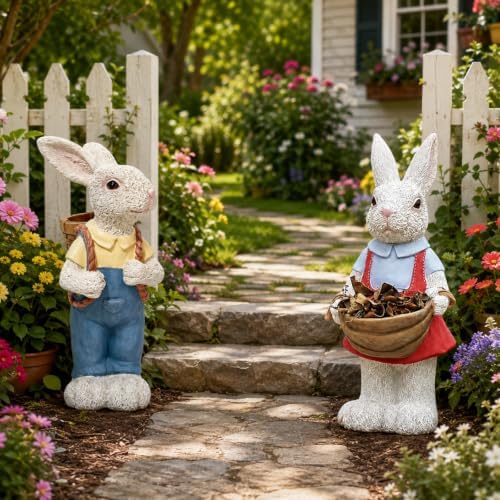 2pcs Bunny Garden Statues, 16.14in Resin Weatherproof Outdoor Decor by Guioiby