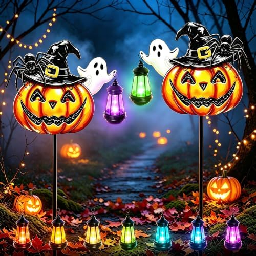 YJFWAL Halloween Pumpkin Solar Garden Lights Outdoor Waterproof, for Child and Friends, Stake Lights with Solar Lantern, Hanging Solar Lights, Solar Path Lights Yard Outside Patio Decor 2 Pack by YJFWAL