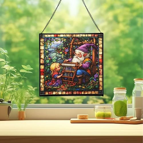 Gnome Weaving Stained Glass Suncatcher – Square Hanging Window Panel for Home, Garden, Nursery, Halloween, Christmas, Memorial Day – Whimsical Glass Art Gift for Gnome Lovers mv4mkm - Image 2