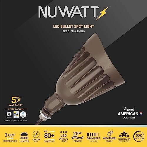 NUWATT 25W Bronze LED Bullet Spot Light for Outdoor Landscapes, CCT 30K-50K - Image 2