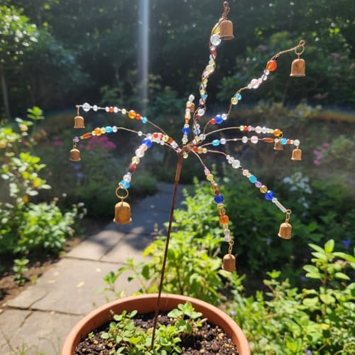 Novabright Whimsical Bead and Bell Tree Yard Stake 40 Inch H 12 Arm Bead Art Garden Decoration Handmade Rustic Metal Decorative Yard Stake for Women Gift Party Decor - Image 6