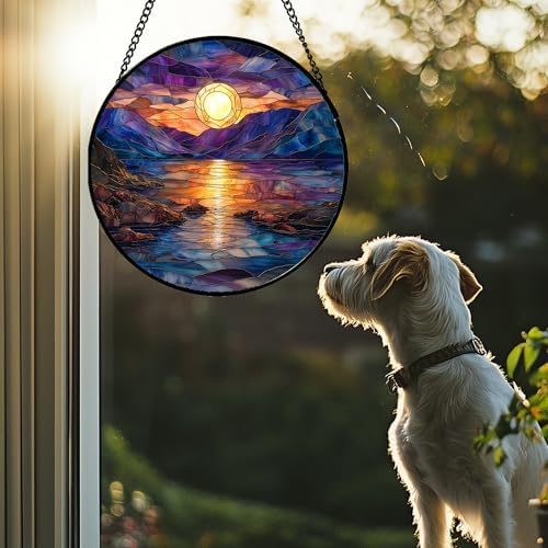 Stained Glass Window Hanging - Blue Purple Lake View Suncatcher for Door Terrace Garden Home Decor Sunset Landscape Sun Catcher Birthday Gifts for Lovers Women Men Dad Mom Nana 9.8 in - Image 3