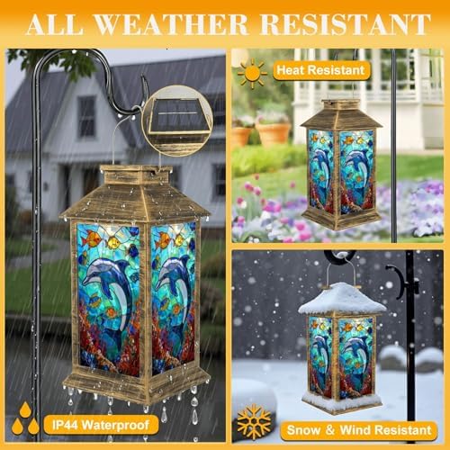Solar Lantern Outdoor Waterproof Stained Glass Dolphin Colorful Tropical Fish Underwater Scene Garden Decor LED Hanging Solar Lights Tabletop Lamp Gifts for Women Mom Outside Yard Patio Porch - Image 3