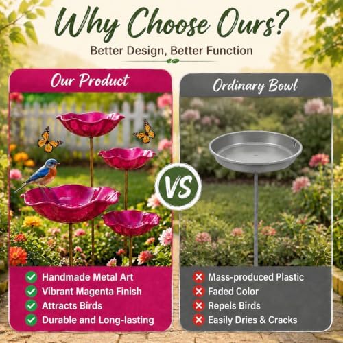 Handmade Metal Flower Bird Bath, Bee & Butterfly Watering Station, Decorative Outdoor Garden Stake with Vibrant Glossy Bowl for Yard Patio Lawn Planter - Image 6