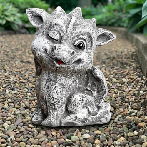 OLOMA Blinking Little Dragon Concrete Statue Outdoor Handcrafted Garden Decor Cement Gargoyle Statue Outdoor Rustic Ornament Fantasy Creature Sculpture Patio Yard Lawn Gothic Garden Decor by OLOMA