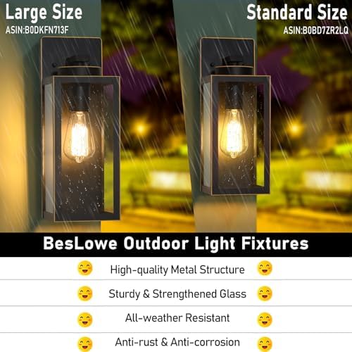 BesLowe 15’’ Large Outdoor Wall Lights, Porch Lights Black with Gold Trim - Image 3