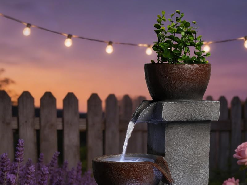 Freestanding Outdoor Water Fountain with Planter, Tiered Resin Design - Image 5