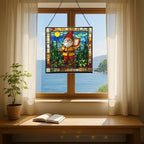 Gnome with rain Gauge Stained Glass Suncatcher – Square Hanging Window Panel for Home, Garden, Nursery, Halloween, Christmas, Memorial Day – Whimsical Glass Art Gift for Gnome Lovers pcwylf - Image 6
