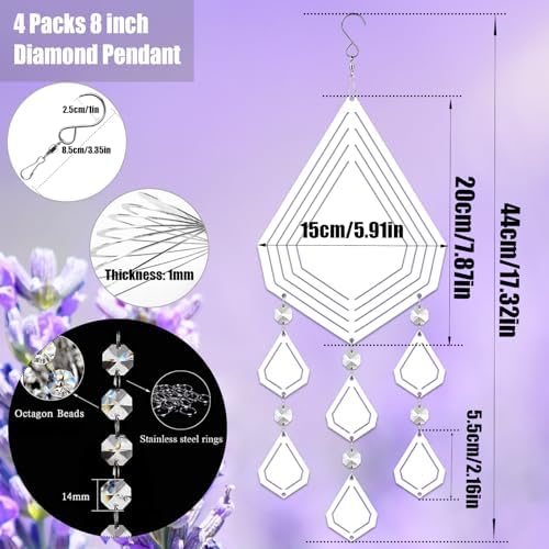 4Pack 8inch Sublimation Wind Spinner Blanks 3D Aluminum Metal Wind Sculpture Kinetic Spinners for Yard and Garden Indoor Art Ornaments Hanging Decoration (Diamond Pendant) - Image 2